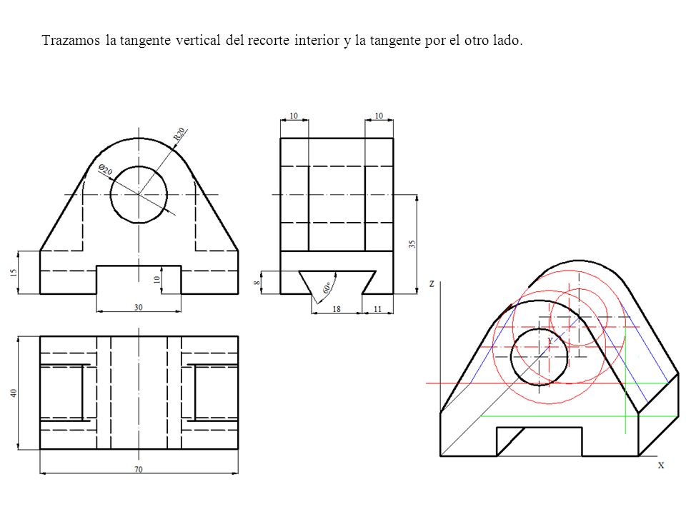 Trazamos la tangente vertical del recorte interior y la tangente por el otro lado.