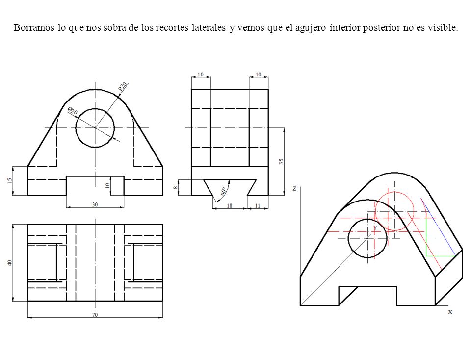 Borramos lo que nos sobra de los recortes laterales y vemos que el agujero interior posterior no es visible.