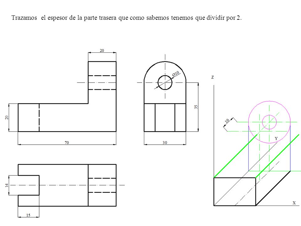 Trazamos el espesor de la parte trasera que como sabemos tenemos que dividir por 2.