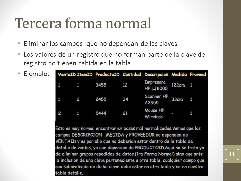 Tercera forma normal Eliminar los campos que no dependan de las claves.