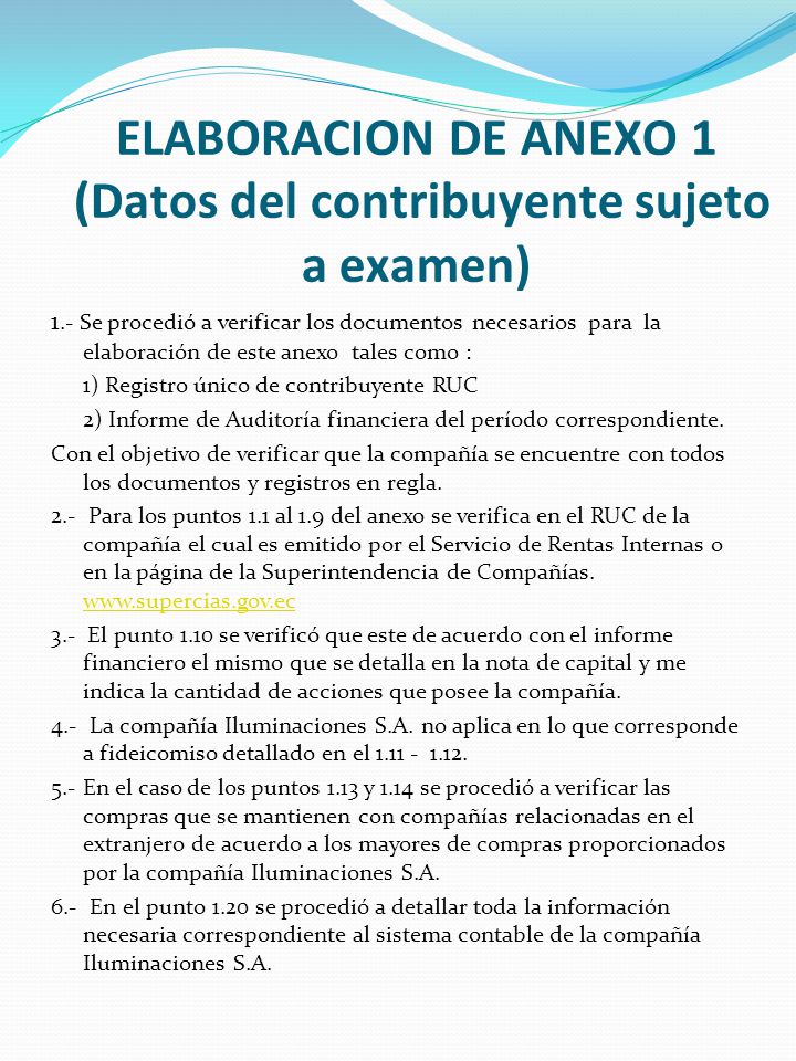 ELABORACION DE ANEXO 1 (Datos del contribuyente sujeto a examen)