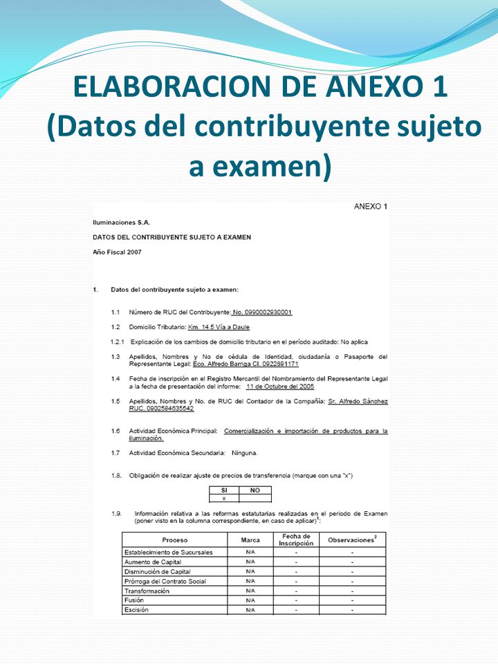 ELABORACION DE ANEXO 1 (Datos del contribuyente sujeto a examen)