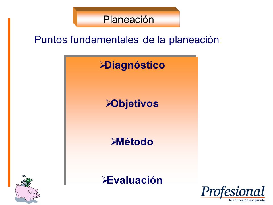 Planeación Puntos fundamentales de la planeación: Diagnóstico Objetivos Método Evaluación