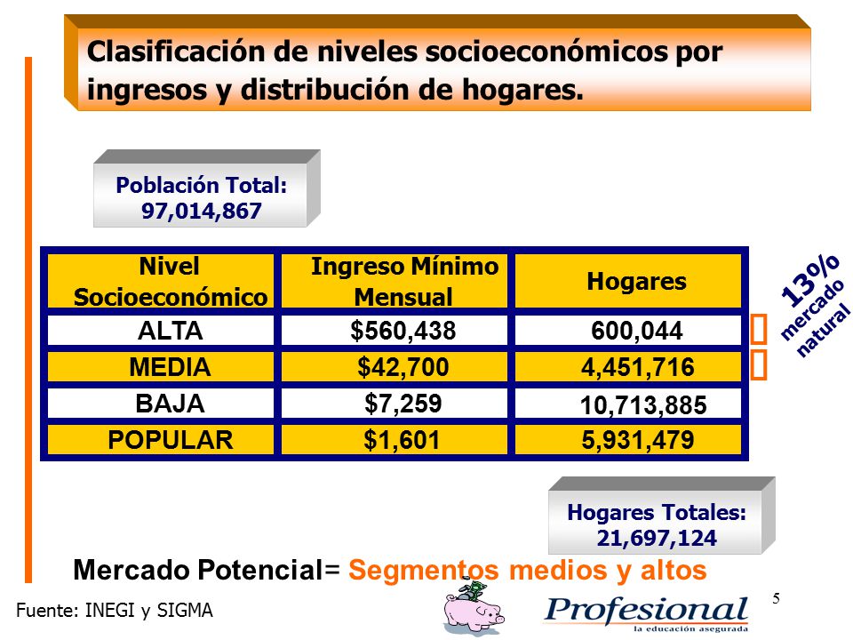 Clasificación de niveles socioeconómicos por ingresos y distribución de hogares.