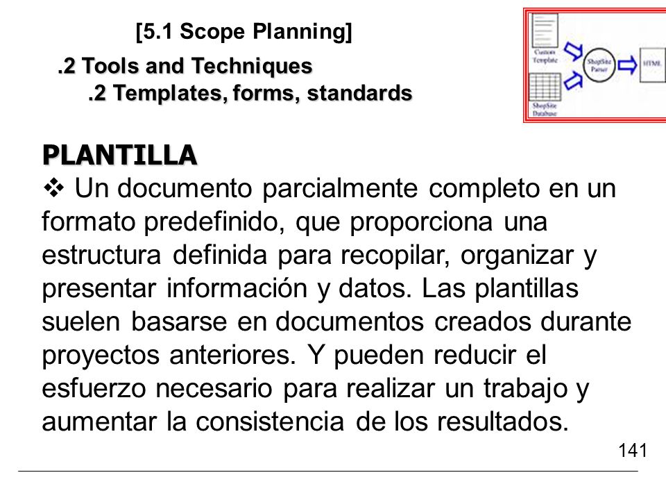 [5.1 Scope Planning] .2 Tools and Techniques. .2 Templates, forms, standards. PLANTILLA.