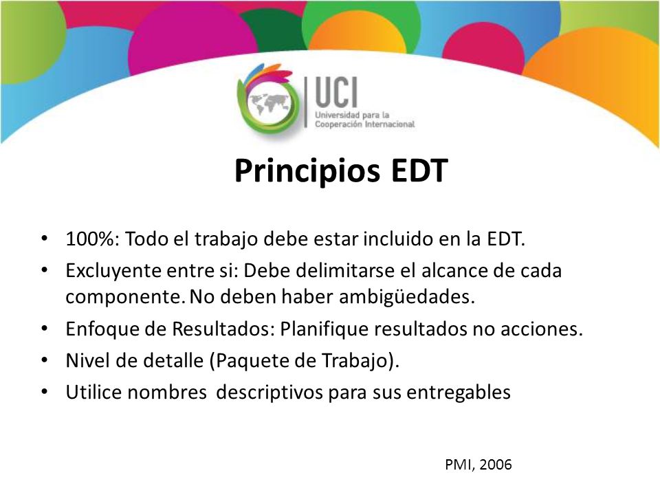 Principios EDT 100%: Todo el trabajo debe estar incluido en la EDT.