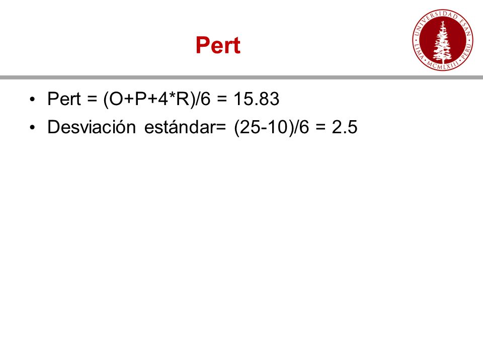 Pert Pert = (O+P+4*R)/6 = Desviación estándar= (25-10)/6 = 2.5
