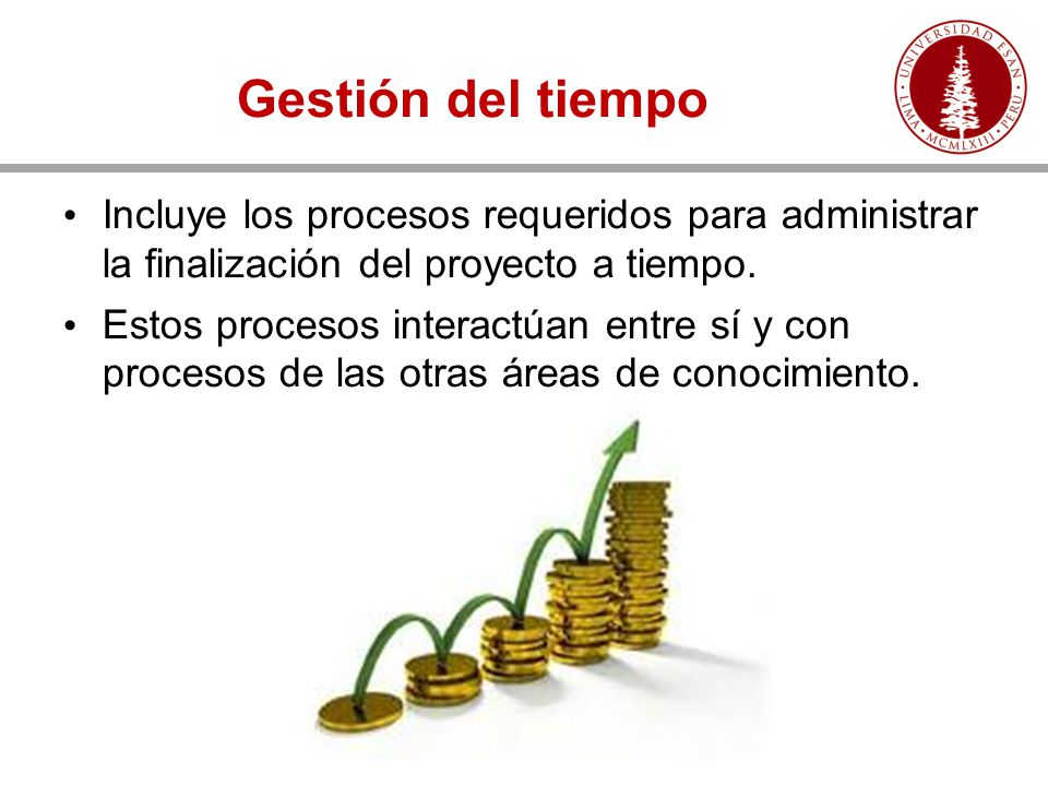 Gestión del tiempo Incluye los procesos requeridos para administrar la finalización del proyecto a tiempo.