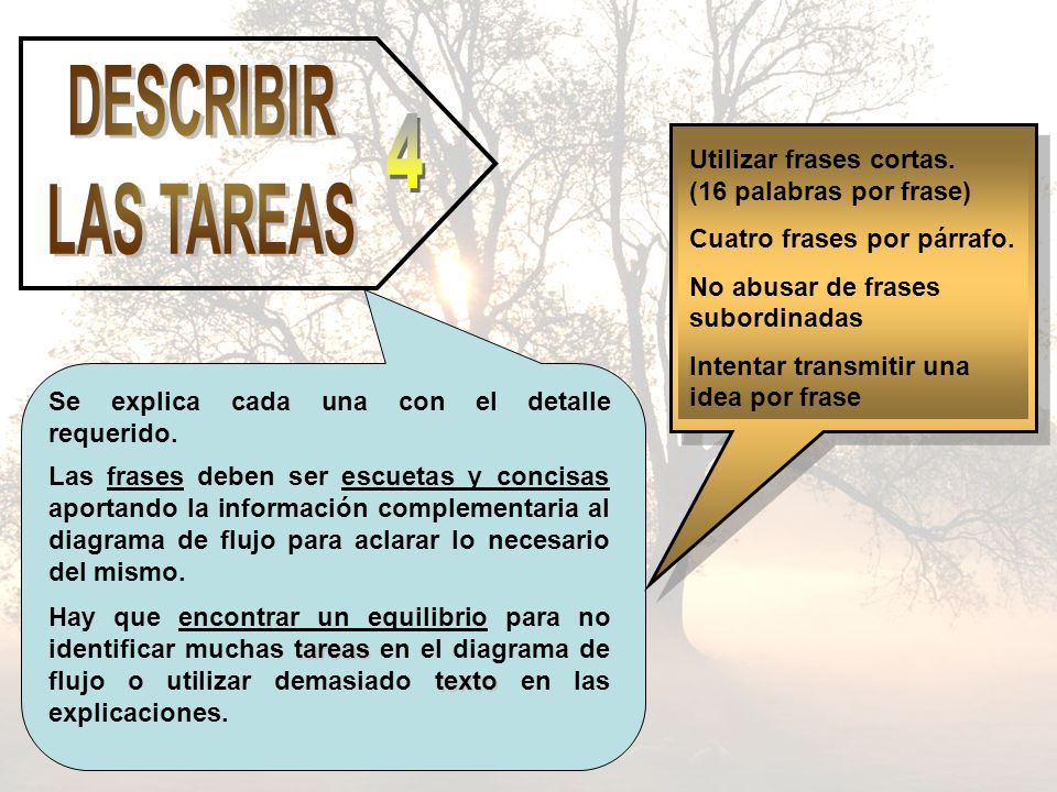 4 DESCRIBIR LAS TAREAS Utilizar frases cortas. (16 palabras por frase)