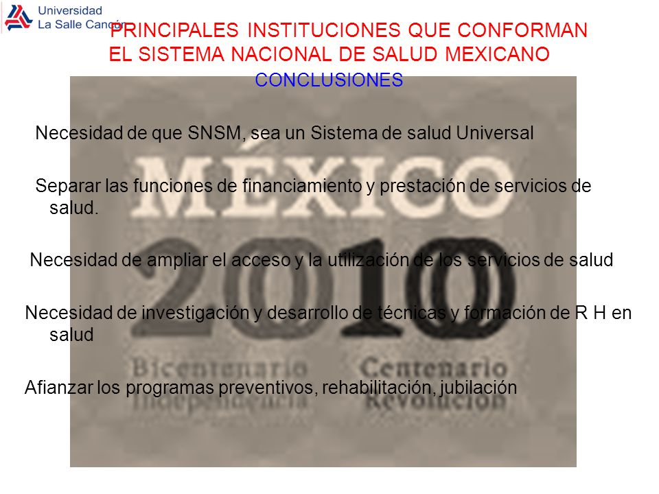 PRINCIPALES INSTITUCIONES QUE CONFORMAN EL SISTEMA NACIONAL DE SALUD MEXICANO