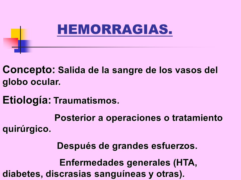 HEMORRAGIAS. Concepto: Salida de la sangre de los vasos del globo ocular. Etiología: Traumatismos.