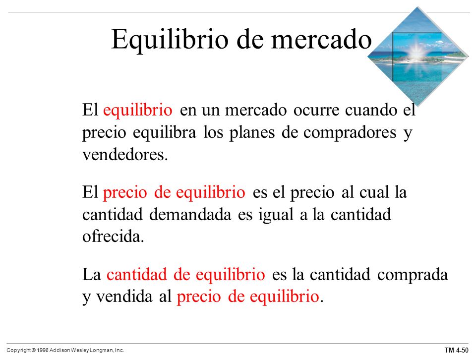 Equilibrio de mercado El equilibrio en un mercado ocurre cuando el precio equilibra los planes de compradores y vendedores.