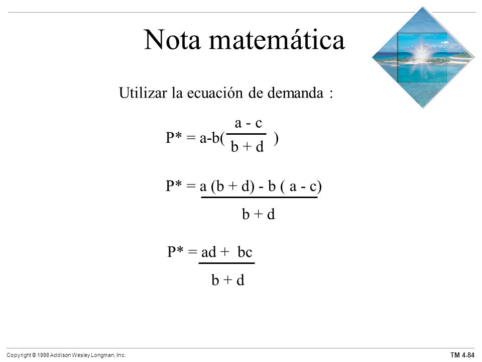 Nota matemática Utilizar la ecuación de demanda : a - c P* = a-b( )