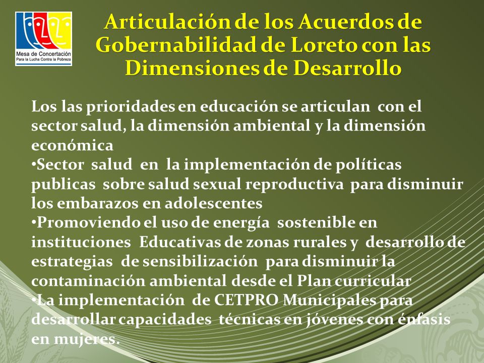 Articulación de los Acuerdos de Gobernabilidad de Loreto con las Dimensiones de Desarrollo
