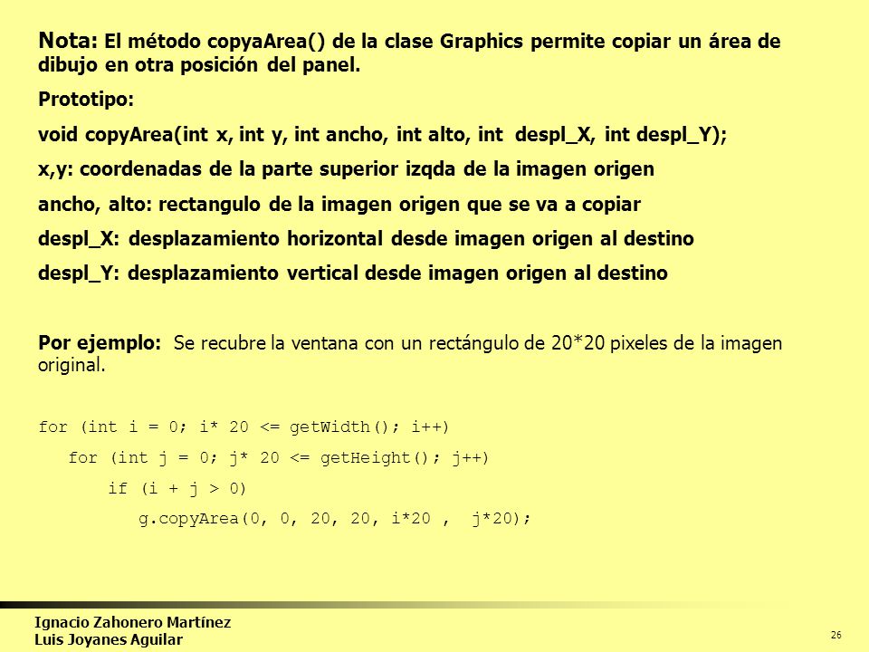 Nota: El método copyaArea() de la clase Graphics permite copiar un área de dibujo en otra posición del panel.