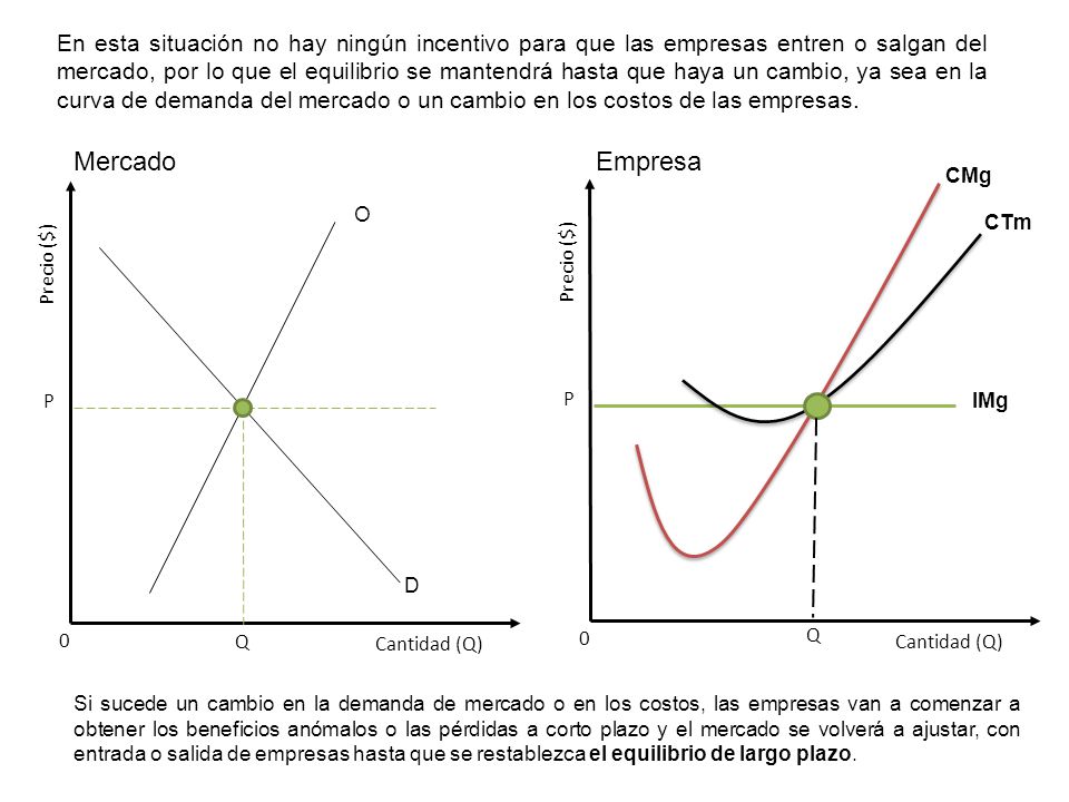 En esta situación no hay ningún incentivo para que las empresas entren o salgan del mercado, por lo que el equilibrio se mantendrá hasta que haya un cambio, ya sea en la curva de demanda del mercado o un cambio en los costos de las empresas.
