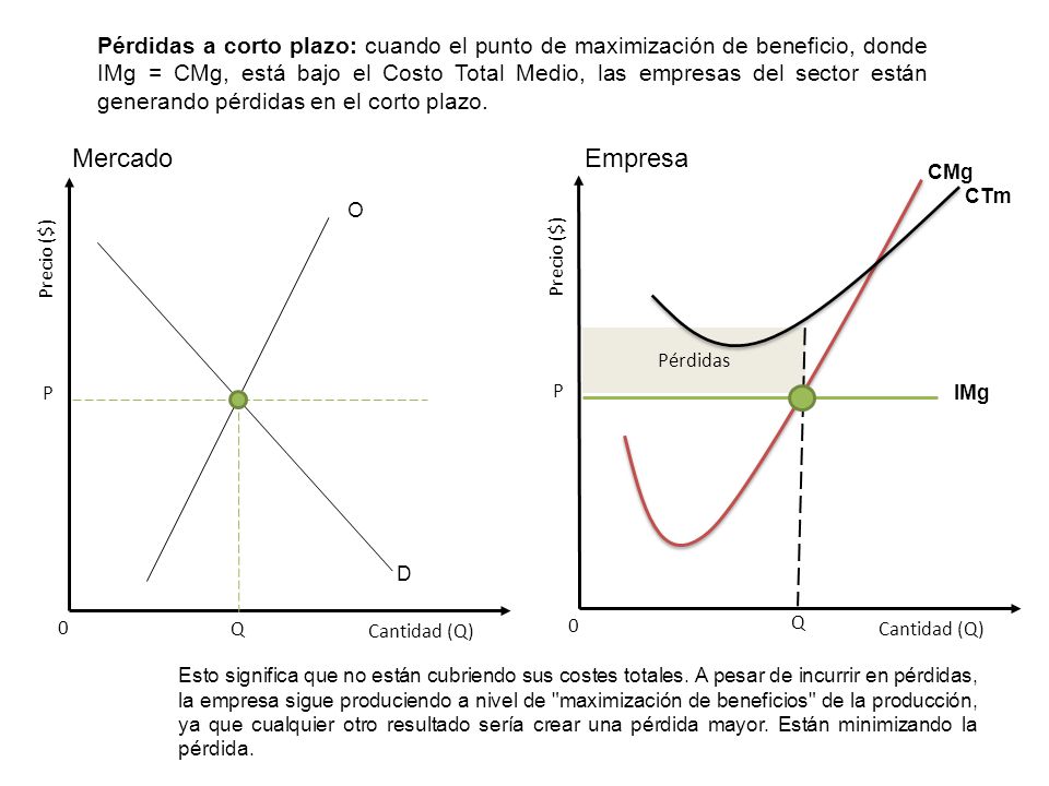 Pérdidas a corto plazo: cuando el punto de maximización de beneficio, donde IMg = CMg, está bajo el Costo Total Medio, las empresas del sector están generando pérdidas en el corto plazo.