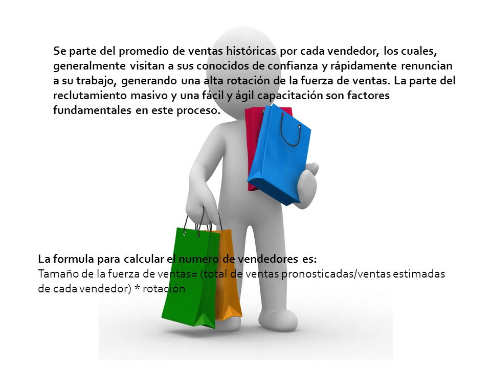 Se parte del promedio de ventas históricas por cada vendedor, los cuales, generalmente visitan a sus conocidos de confianza y rápidamente renuncian a su trabajo, generando una alta rotación de la fuerza de ventas. La parte del reclutamiento masivo y una fácil y ágil capacitación son factores fundamentales en este proceso.