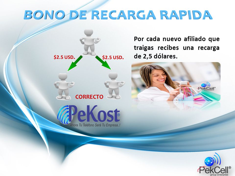 BONO DE RECARGA RAPIDA Por cada nuevo afiliado que traigas recibes una recarga de 2,5 dólares. $2.5 USD.