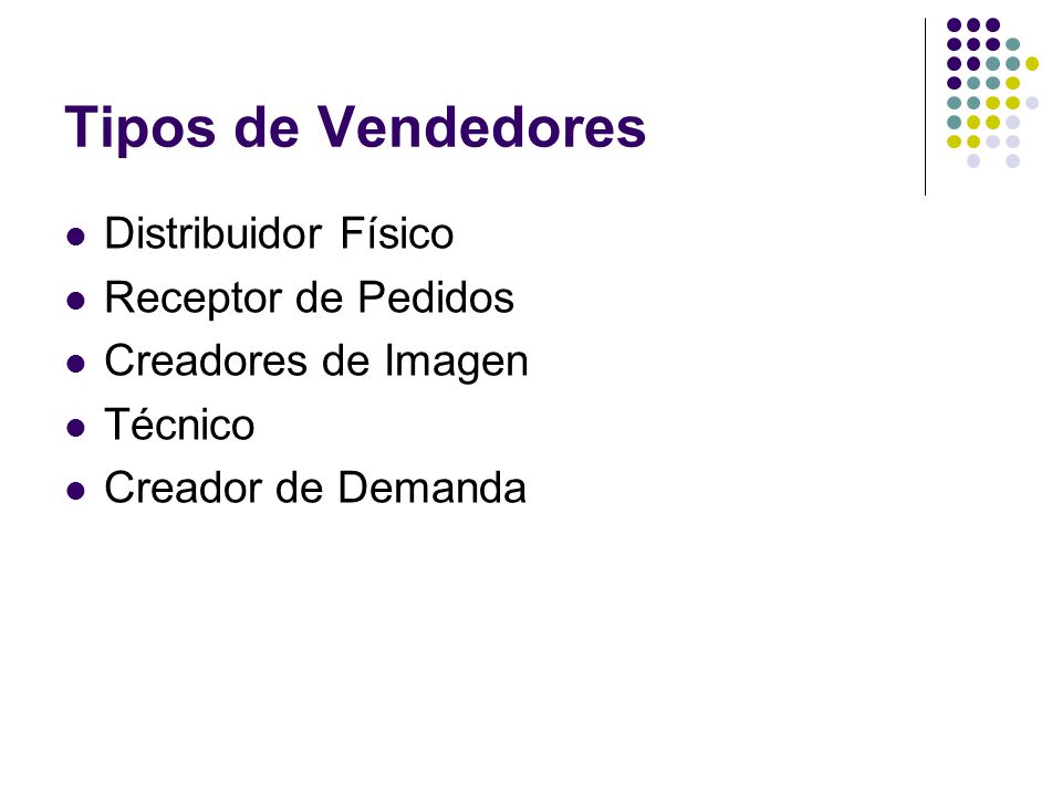 Tipos de Vendedores Distribuidor Físico Receptor de Pedidos