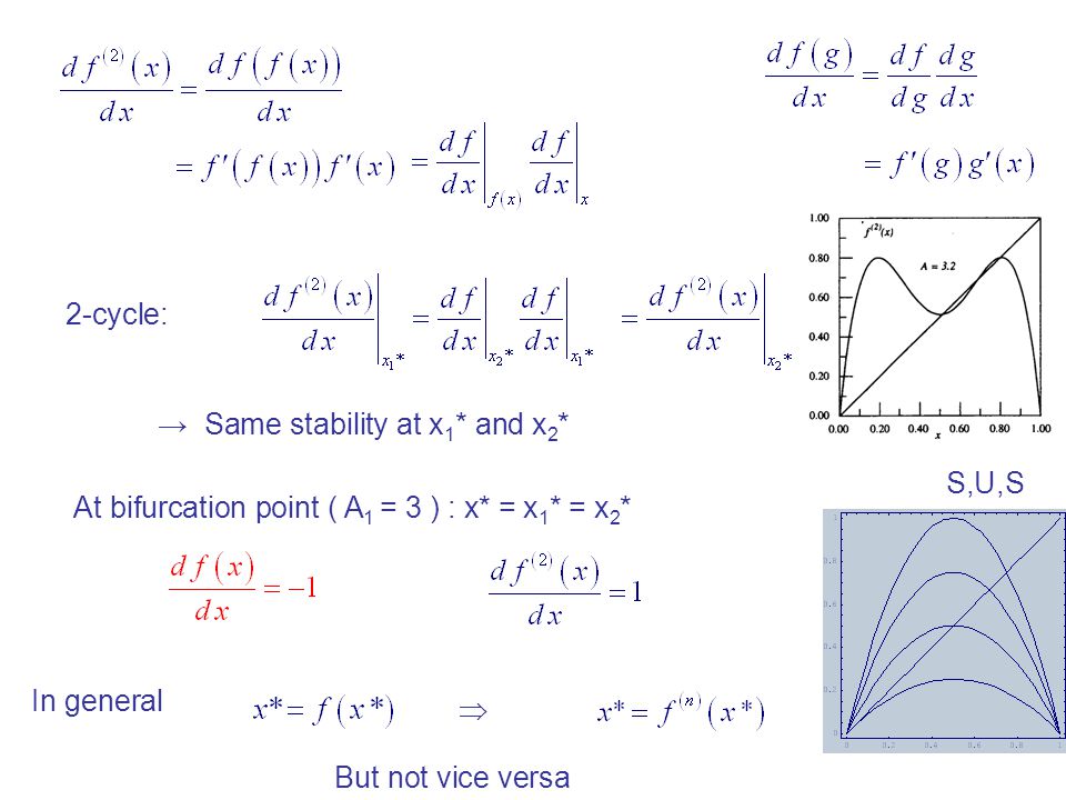 2-cycle: → Same stability at x1* and x2* S,U,S. At bifurcation point ( A1 = 3 ) : x* = x1* = x2*