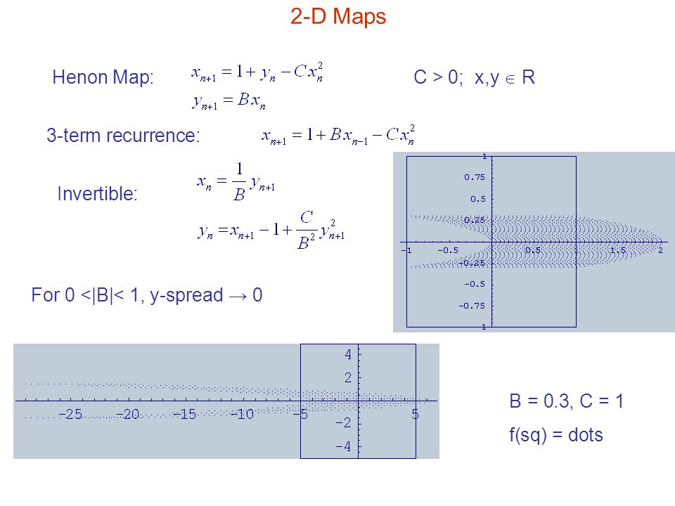 2-D Maps Henon Map: C > 0; x,y  R 3-term recurrence: Invertible: