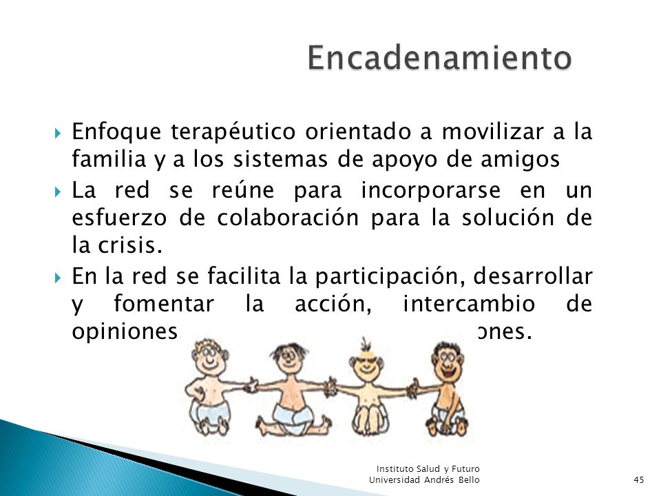 Encadenamiento Enfoque terapéutico orientado a movilizar a la familia y a los sistemas de apoyo de amigos.