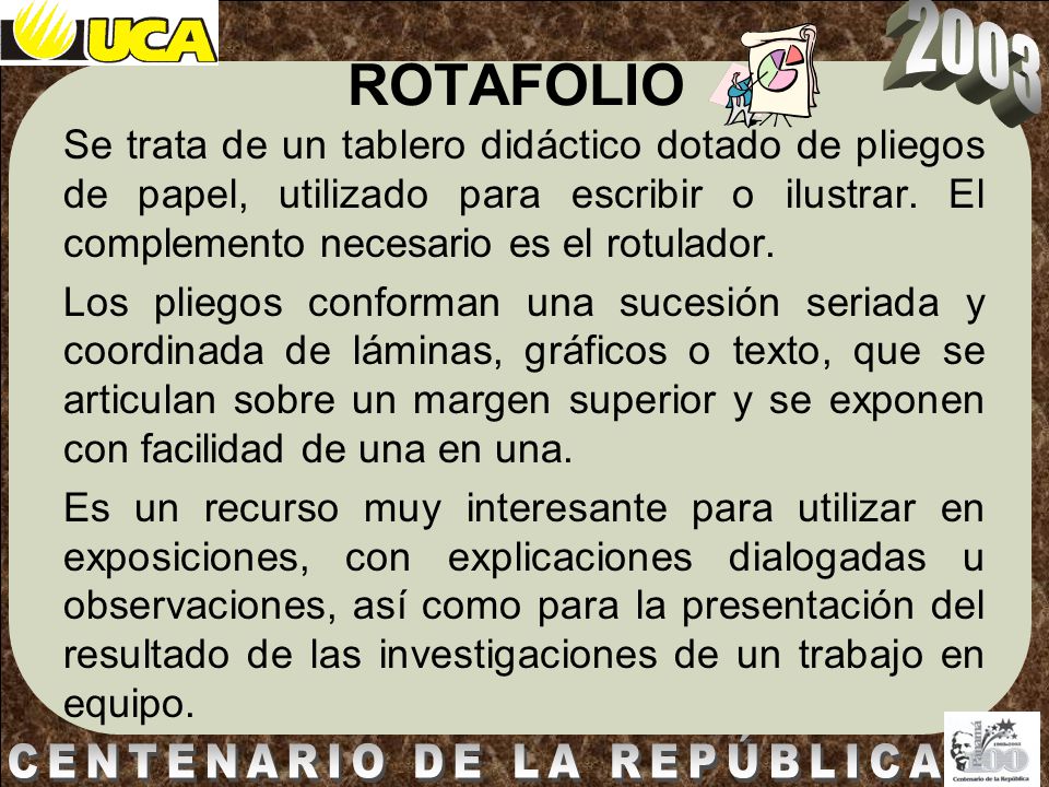 ROTAFOLIO Se trata de un tablero didáctico dotado de pliegos de papel, utilizado para escribir o ilustrar. El complemento necesario es el rotulador.