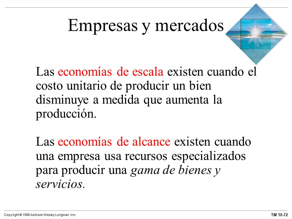 Empresas y mercados Las economías de escala existen cuando el costo unitario de producir un bien disminuye a medida que aumenta la producción.