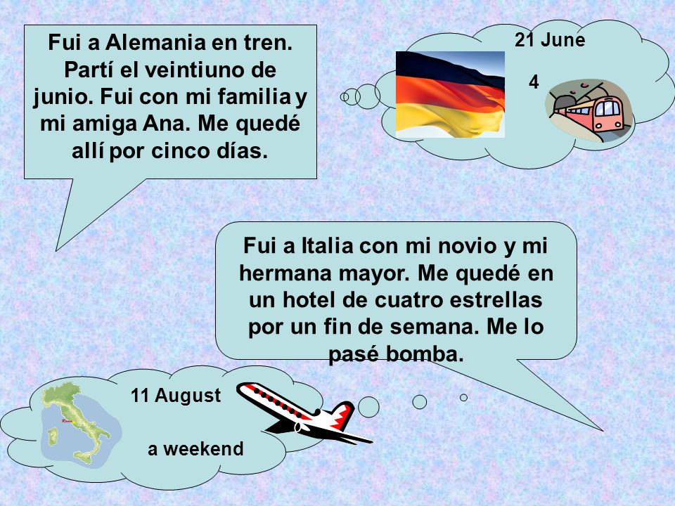Fui a Alemania en tren. Partí el veintiuno de junio