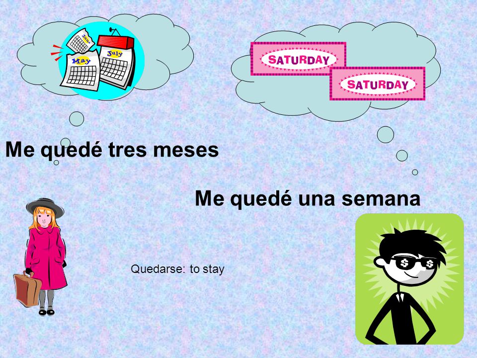 Me quedé tres meses Me quedé una semana Quedarse: to stay