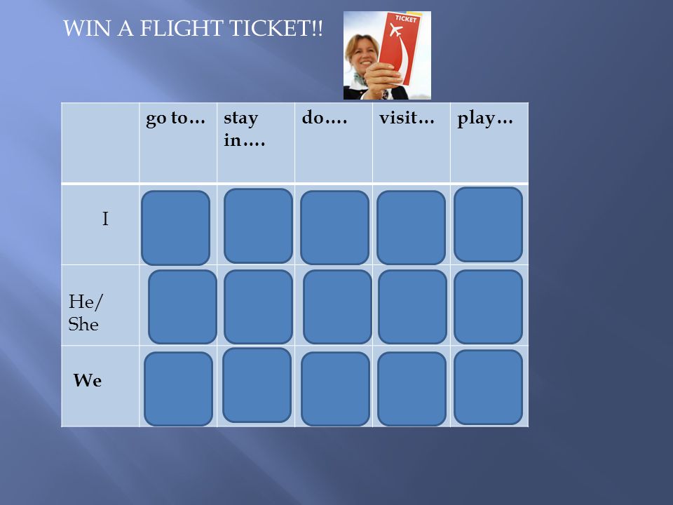 WIN A FLIGHT TICKET!! go to… stay in…. do…. visit… play… I He/ She We