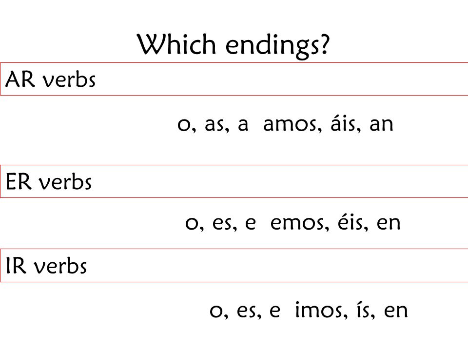 Which endings AR verbs o, as, a amos, áis, an ER verbs
