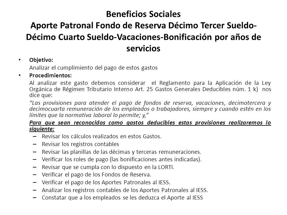 Beneficios Sociales Aporte Patronal Fondo de Reserva Décimo Tercer Sueldo-Décimo Cuarto Sueldo-Vacaciones-Bonificación por años de servicios