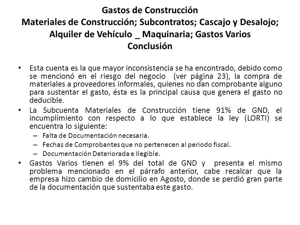 Gastos de Construcción Materiales de Construcción; Subcontratos; Cascajo y Desalojo; Alquiler de Vehículo _ Maquinaria; Gastos Varios Conclusión
