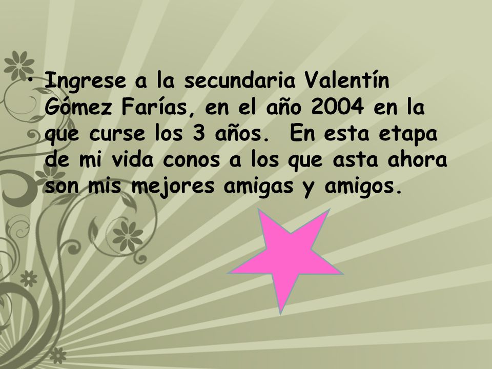 Ingrese a la secundaria Valentín Gómez Farías, en el año 2004 en la que curse los 3 años.