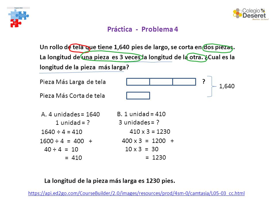 Práctica - Problema 4 Un rollo de tela que tiene 1,640 pies de largo, se corta en dos piezas.