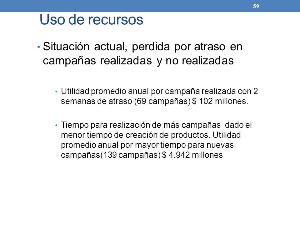 Uso de recursos Situación actual, perdida por atraso en campañas realizadas y no realizadas.