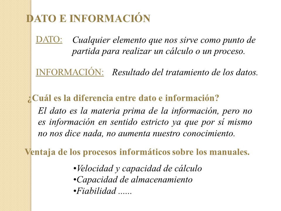 DATO E INFORMACIÓN DATO: Cualquier elemento que nos sirve como punto de partida para realizar un cálculo o un proceso.