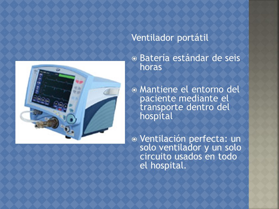 Ventilador portátil Batería estándar de seis horas. Mantiene el entorno del paciente mediante el transporte dentro del hospital.