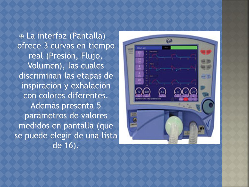 La interfaz (Pantalla) ofrece 3 curvas en tiempo real (Presión, Flujo, Volumen), las cuales discriminan las etapas de inspiración y exhalación con colores diferentes.