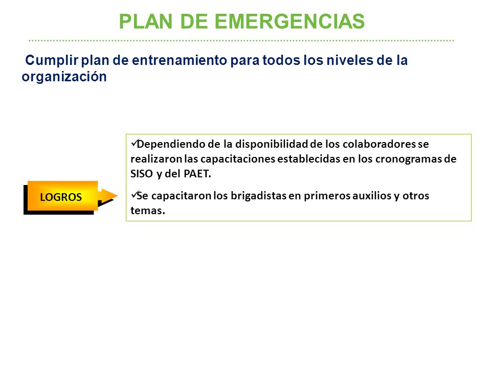 PLAN DE EMERGENCIAS Cumplir plan de entrenamiento para todos los niveles de la organización.