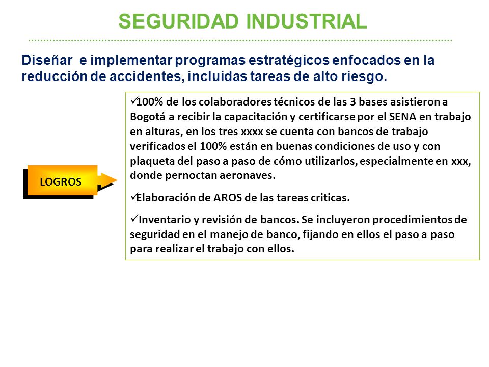 SEGURIDAD INDUSTRIAL Diseñar e implementar programas estratégicos enfocados en la reducción de accidentes, incluidas tareas de alto riesgo.