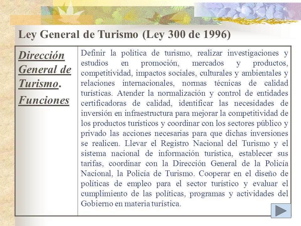 Ley General de Turismo (Ley 300 de 1996) Dirección General de Turismo.