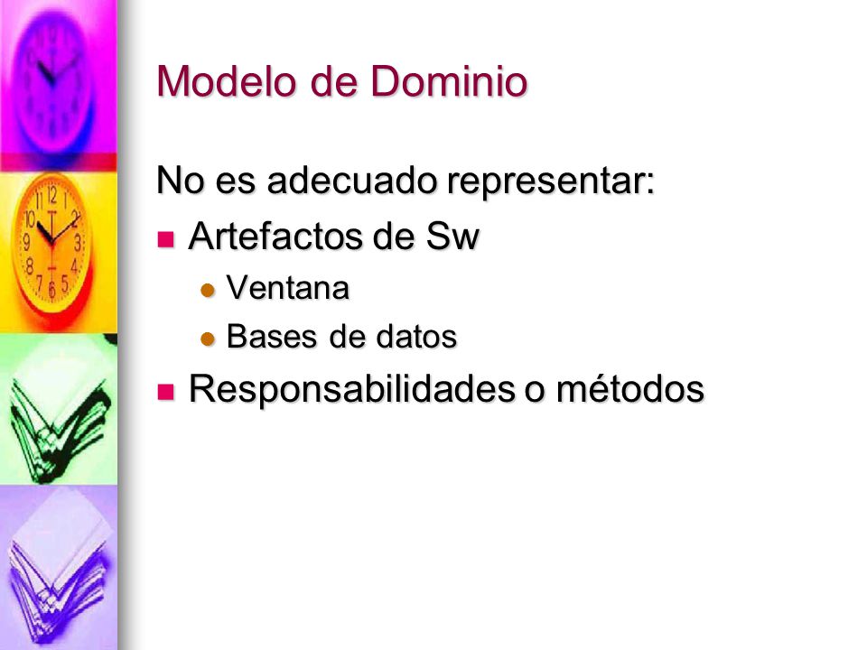 Modelo de Dominio No es adecuado representar: Artefactos de Sw