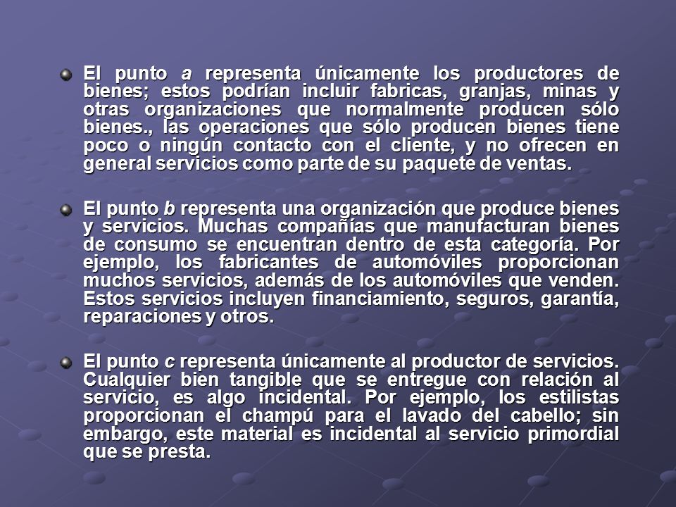 El punto a representa únicamente los productores de bienes; estos podrían incluir fabricas, granjas, minas y otras organizaciones que normalmente producen sólo bienes., las operaciones que sólo producen bienes tiene poco o ningún contacto con el cliente, y no ofrecen en general servicios como parte de su paquete de ventas.