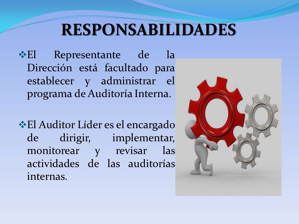 RESPONSABILIDADES El Representante de la Dirección está facultado para establecer y administrar el programa de Auditoría Interna.