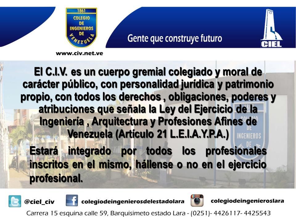 El C.I.V. es un cuerpo gremial colegiado y moral de carácter público, con personalidad jurídica y patrimonio propio, con todos los derechos , obligaciones, poderes y atribuciones que señala la Ley del Ejercicio de la Ingeniería , Arquitectura y Profesiones Afines de Venezuela (Artículo 21 L.E.I.A.Y.P.A.)