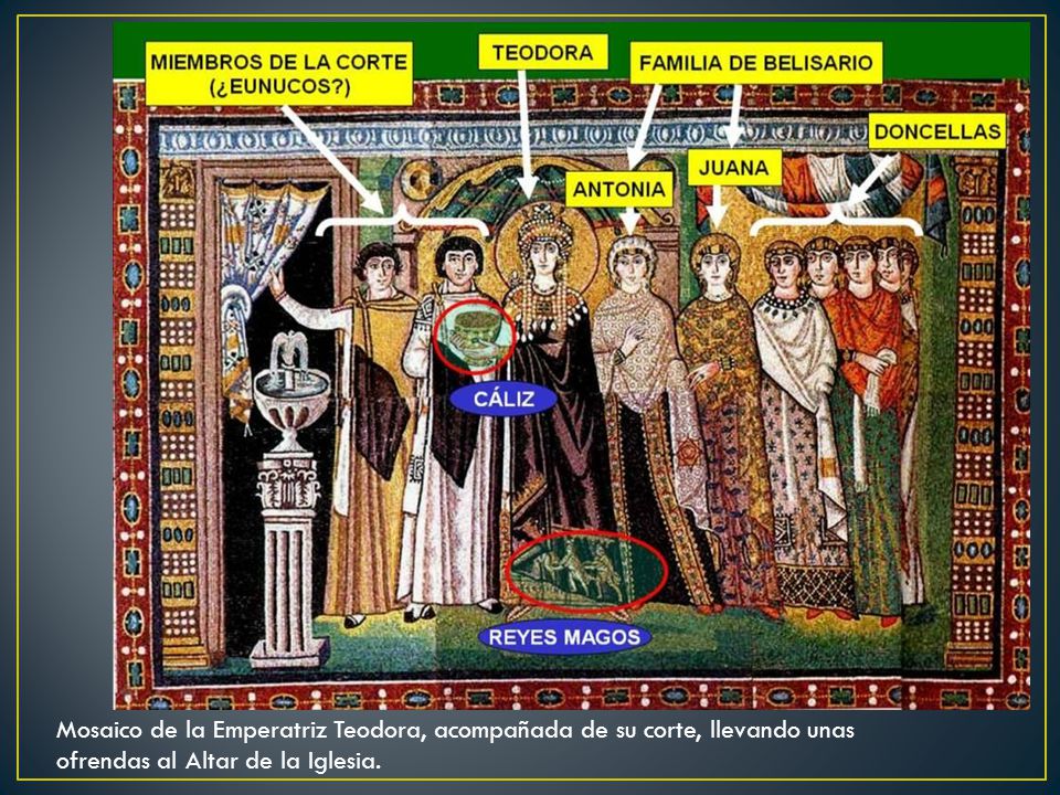 Mosaico de la Emperatriz Teodora, acompañada de su corte, llevando unas ofrendas al Altar de la Iglesia.