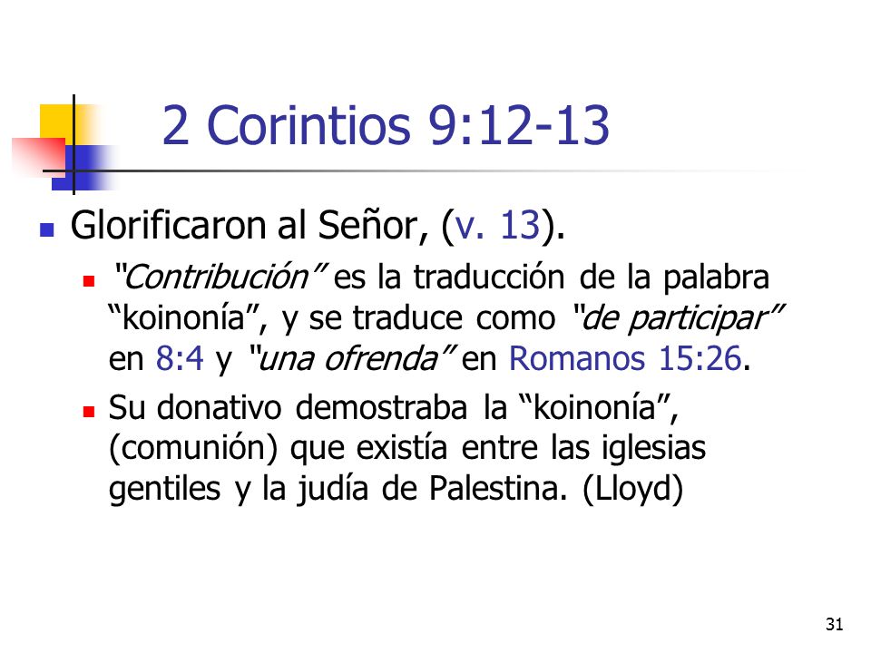 2 Corintios 9:12-13 Glorificaron al Señor, (v. 13).